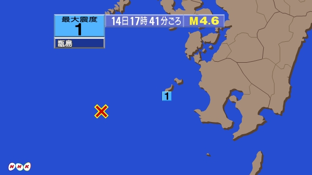 17時41分ごろ、Ｍ４．６　薩摩半島西方沖 北緯31.4度　東経