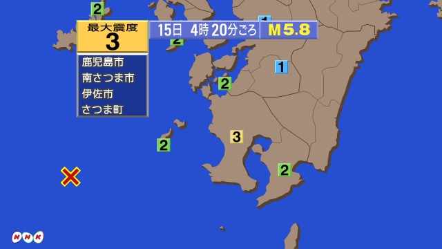 4時20分ごろ、Ｍ５．８　薩摩半島西方沖 北緯31.3度　東経1