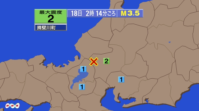 2時14分ごろ、Ｍ３．５　岐阜県美濃中西部 北緯35.6度　東経