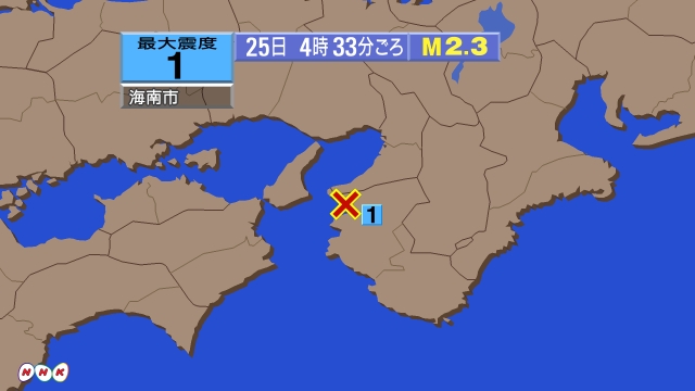 4時33分ごろ、Ｍ２．３　和歌山県北部 北緯34.2度　東経13