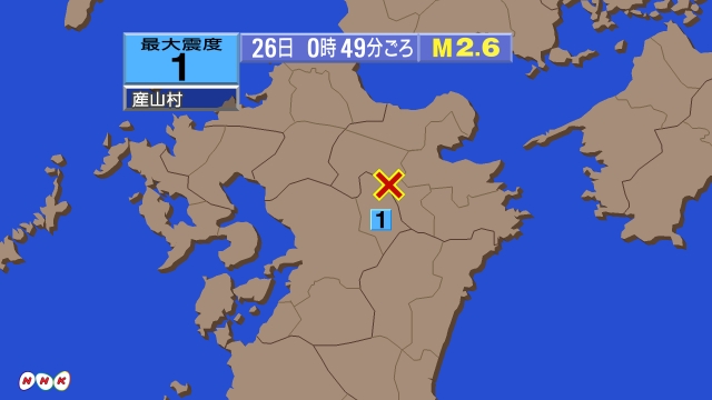 0時49分ごろ、Ｍ２．６　大分県西部 北緯33.1度　東経131
