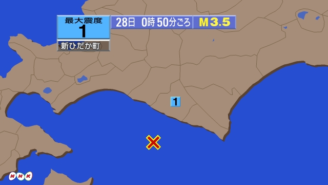 0時50分ごろ、Ｍ３．５　浦河沖 北緯41.9度　東経142.3