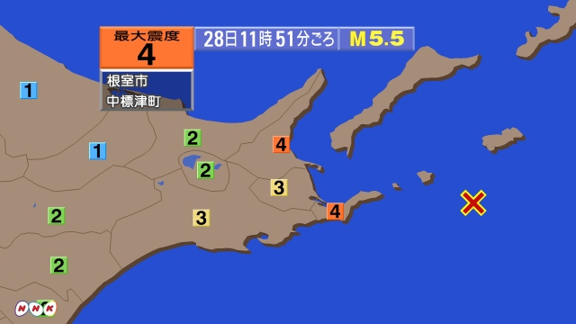 11時51分ごろ、Ｍ５．５　根室半島南東沖 北緯43.3度　東経