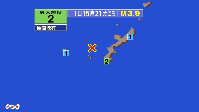 15時21分ごろ、Ｍ３．９　沖縄本島近海 北緯26.4度　東経1