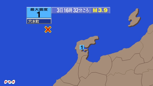 16時32分ごろ、Ｍ３．９　日本海中部 北緯37.7度　東経13