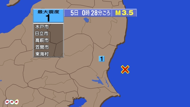 0時28分ごろ、Ｍ３．５　茨城県沖 北緯36.3度　東経141.