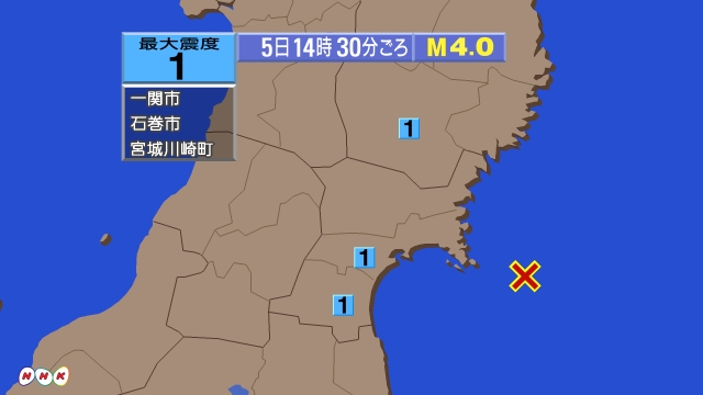 14時30分ごろ、Ｍ４．０　宮城県沖 北緯38.2度　東経141