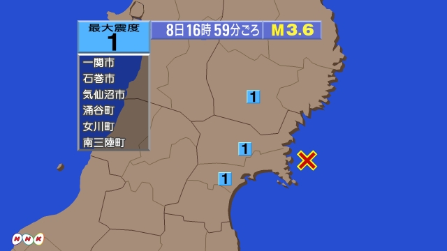 16時59分ごろ、Ｍ３．６　宮城県沖 北緯38.5度　東経141