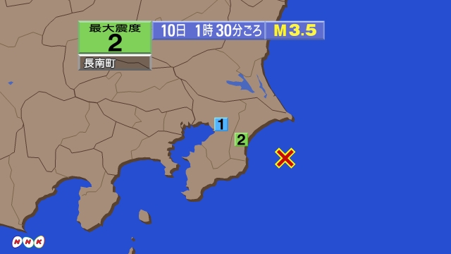 1時30分ごろ、Ｍ３．５　千葉県東方沖 北緯35.3度　東経14