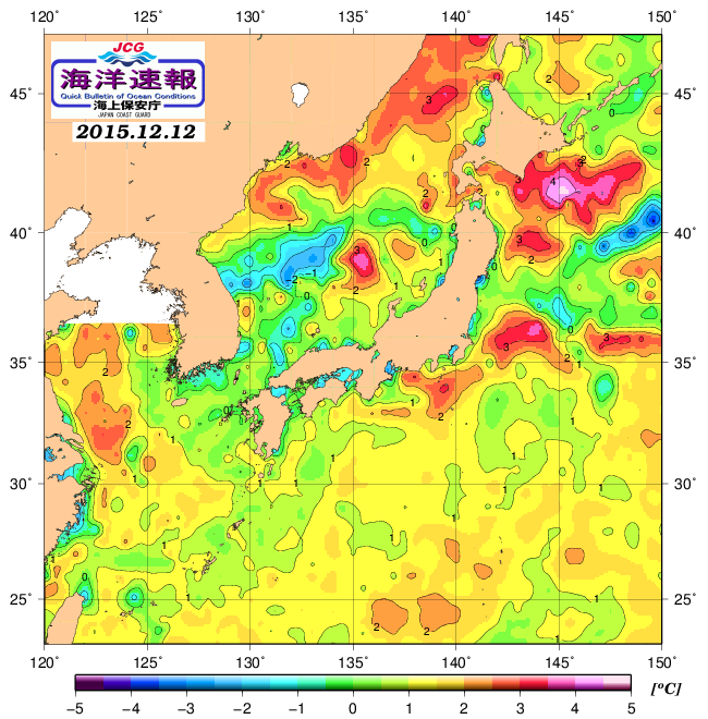 １２月１２日の、海水表面温度（平年比）、 http://www1