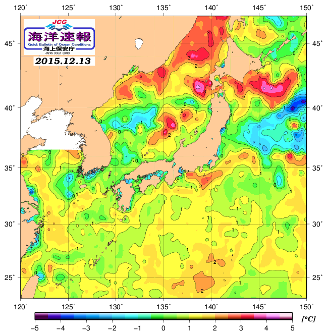 １２月１３日の、海水表面温度（平年比）、 http://www1