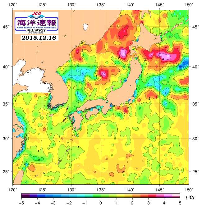 １２月１６日の、海水表面温度（平年比）、 http://www1