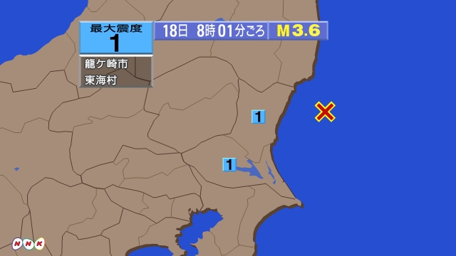 8時1分ごろ、Ｍ３．６　茨城県沖 北緯36.6度　東経141.1