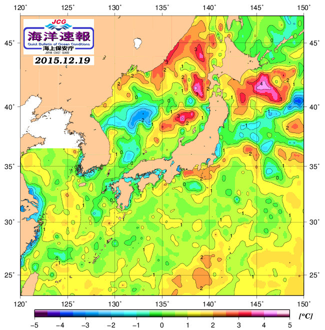 １２月１９日の、海水表面温度（平年比）、 http://www1
