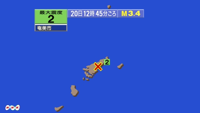 12時45分ごろ、Ｍ３．４　奄美大島近海 北緯28.3度　東経1