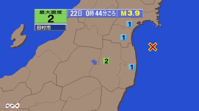 0時44分ごろ、Ｍ３．９　福島県沖 北緯37.8度　東経141.