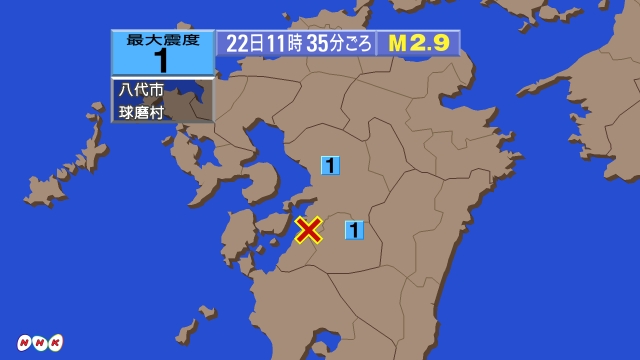 11時35分ごろ、Ｍ２．９　熊本県熊本地方 北緯32.4度　東経
