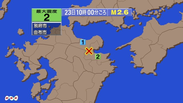 10時00分ごろ、Ｍ２．６　大分県中部 北緯33.3度　東経13