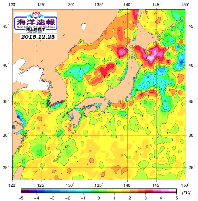 １２月２５日の、海水表面温度（平年比）、 http://www1