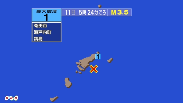 5時24分ごろ、Ｍ３．５　奄美大島近海 北緯28.1度　東経12