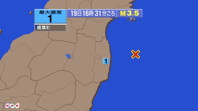 16時31分ごろ、Ｍ３．５　福島県沖 北緯37.5度　東経141