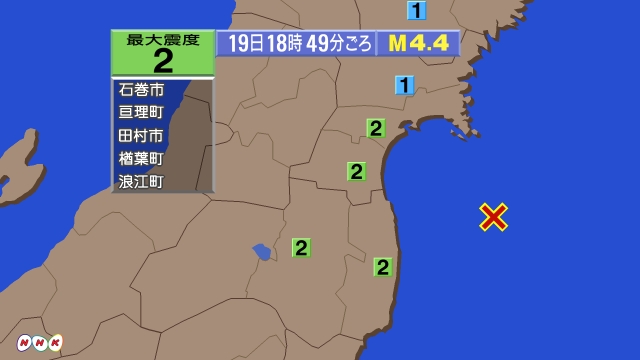 18時49分ごろ、Ｍ４．４　福島県沖 北緯37.7度　東経141