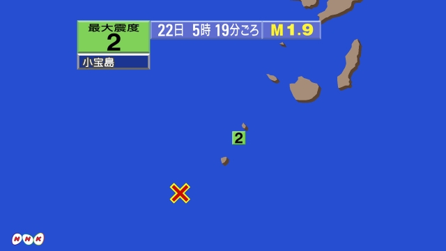 5時19分ごろ、Ｍ１．９　トカラ列島近海 北緯29.3度　東経1