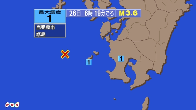 6時19分ごろ、Ｍ３．６　薩摩半島西方沖 北緯31.8度　東経1