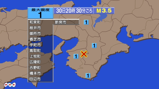 20時30分ごろ、Ｍ３．５　和歌山県北部 北緯34.2度　東経1