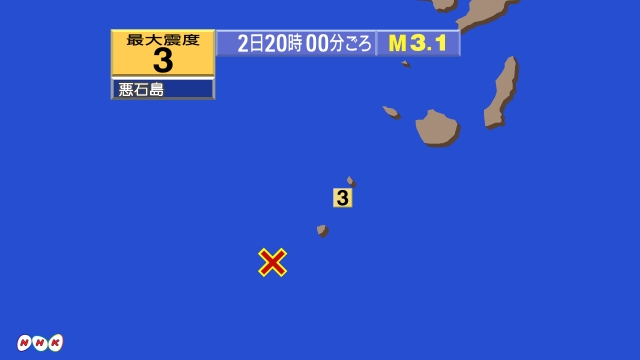 20時00分ごろ、Ｍ３．１　トカラ列島近海 北緯29.4度　東経