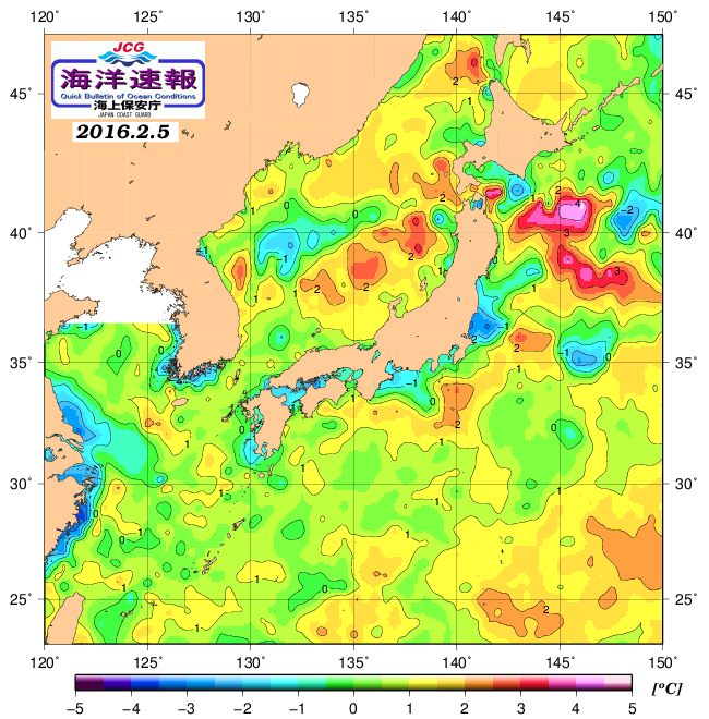 ２月８日の、海水表面温度（平年比）、 http://www1.k