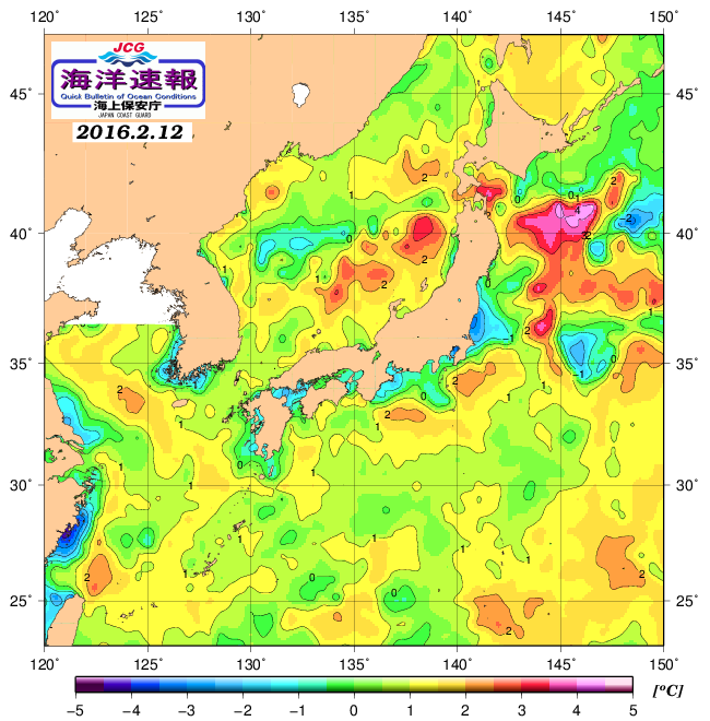 ２月１２日の、海水表面温度（平年比）、 http://www1.