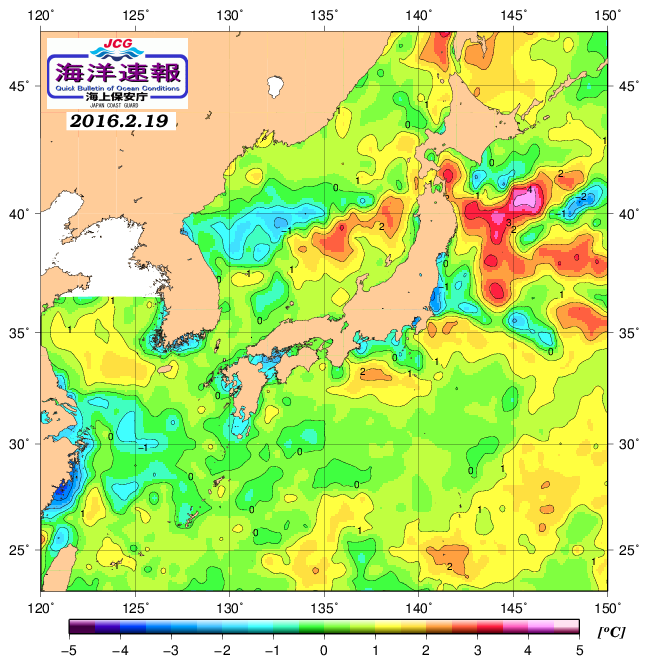 ２月１９日の、海水表面温度（平年比）、 http://www1.