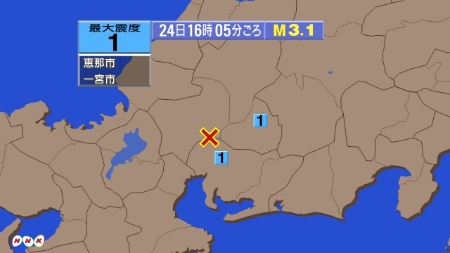 16時５分ごろ、Ｍ３．１　岐阜県美濃中西部 北緯３５．４度　東経