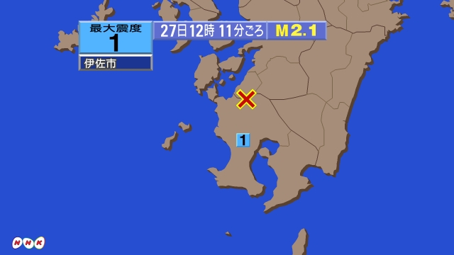12時11分ごろ、Ｍ２．１　鹿児島県薩摩地方 北緯32.1度　東