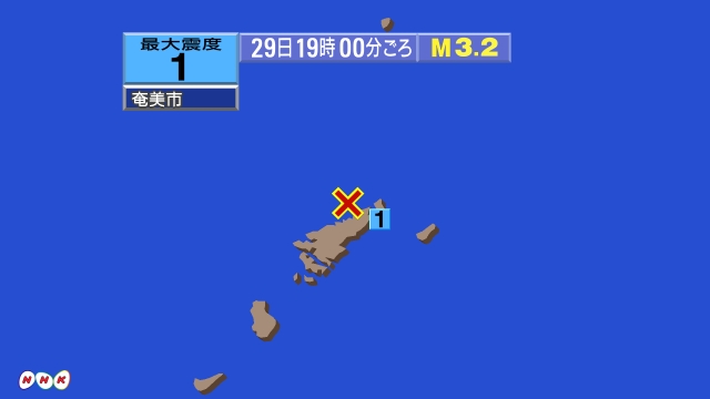 19時00分ごろ、Ｍ３．２　奄美大島近海 北緯28.5度　東経1