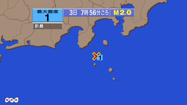 7時56分ごろ、Ｍ２．０　新島・神津島近海 北緯34.4度　東経