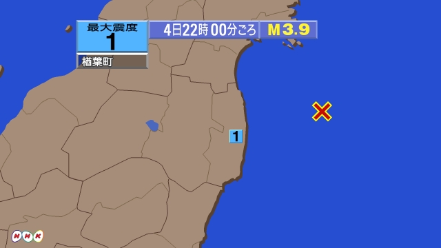 22時0分ごろ、Ｍ３．９　福島県沖 北緯37.6度　東経141.