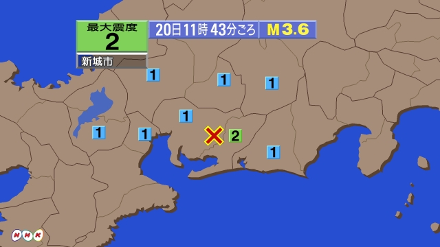11時43分ごろ、Ｍ３．６　愛知県西部 北緯35.0度　東経13
