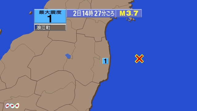 14時27分ごろ、Ｍ３．７　福島県沖 北緯37.4度　東経141
