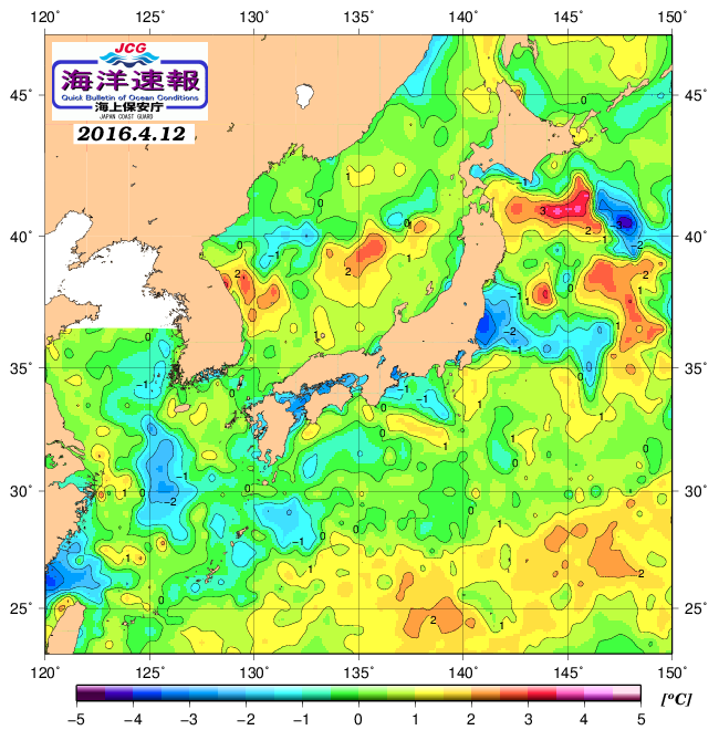 ４月１２日の、海水表面温度（平年比）、 http://www1.