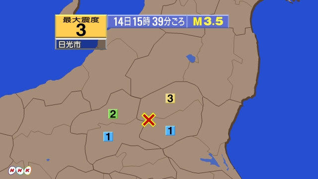 15時39分ごろ、Ｍ３．５　栃木県南部 北緯36.6度　東経13
