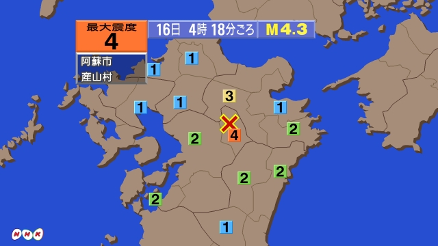 4時18分ごろ、Ｍ４．３　熊本県阿蘇地方 北緯33.0度　東経1