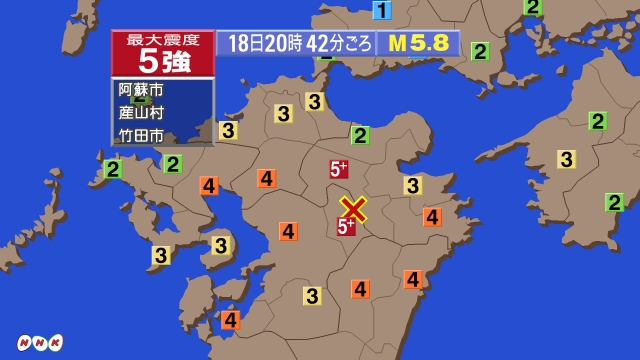 20時42分ごろ、Ｍ５．８　熊本県阿蘇地方 北緯33.0度　東経