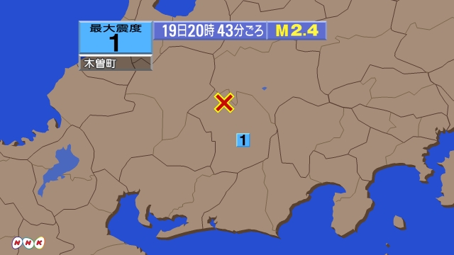 20時43分ごろ、Ｍ２．４　長野県南部 北緯35.9度　東経13