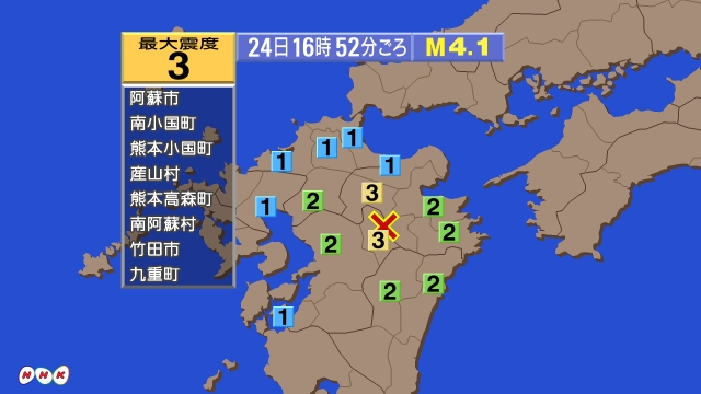 16時52分ごろ、Ｍ４．１　熊本県阿蘇地方 北緯33.0度　東経