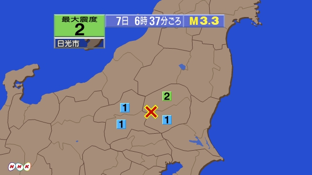 6時37分ごろ、Ｍ３．３　栃木県南部 北緯36.6度　東経139