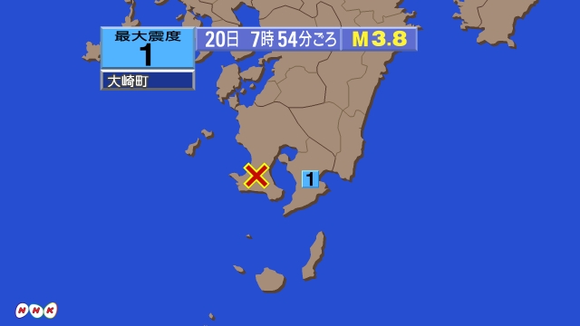 7時54分ごろ、Ｍ３．８　鹿児島県薩摩地方 北緯31.4度　東経
