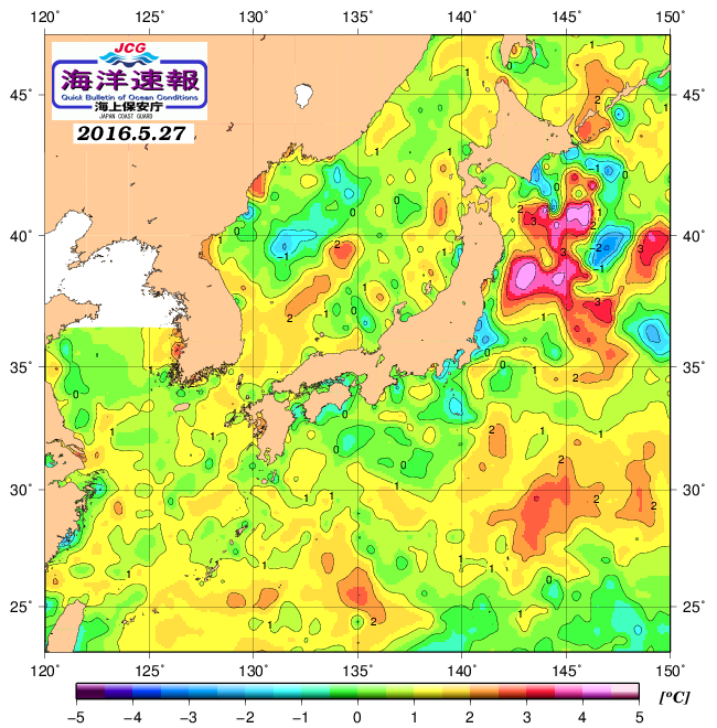 ５月２７日の、海水表面温度（平年比）、 http://www1.