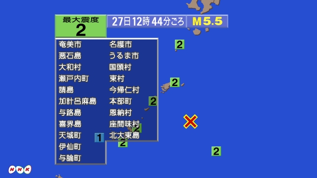 12時44分ごろ、Ｍ５．５　奄美大島近海 北緯26.9度　東経1
